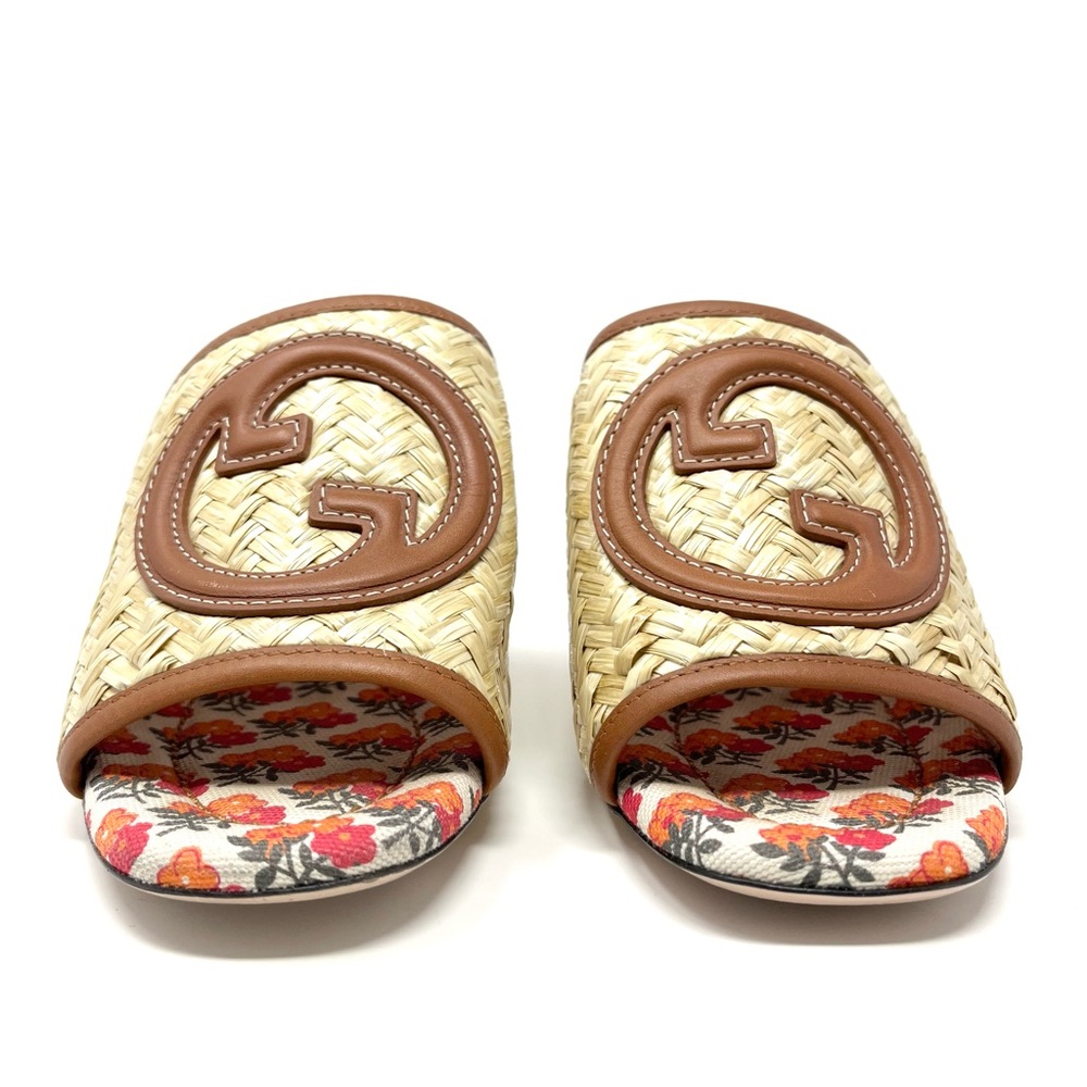 Gucci Mabel Interlocking GG Logo Raffia Sandals Slides Mules Heels Brown 37 7 - Picture 5 of 12